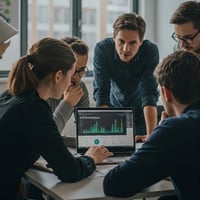 A team of dedicated professionals collaborating in a modern office, analyzing an ESG performance graph on a laptop screen.