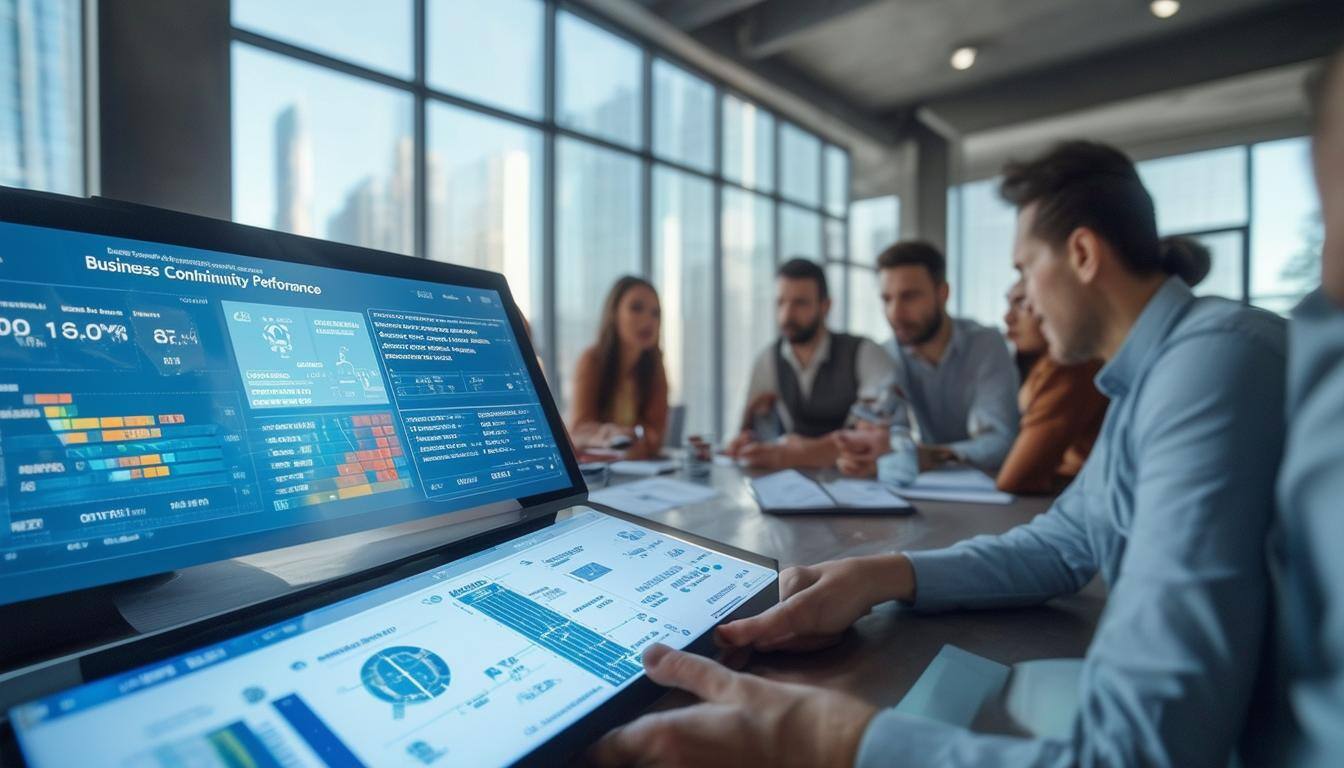 The image depicts a modern commercial real estate office filled with sleek furniture and large windows that allow natural light to flood the space. On one side, a digital dashboard displays real-time metrics of building performance, including energy usage and tenant satisfaction scores. A group of diverse property managers is gathered around a conference table, engaged in a discussion while reviewing a digital tablet showing a comprehensive business continuity plan. In the background, an emergency backup power generator is visible through a glass wall, symbolizing preparedness against technological failures. The atmosphere is professional and focused, with a sense of urgency as the team strategizes on mitigating risks associated with technology reliance. Bright colors and contemporary decor enhance the lively, dynamic environment of the commercial real estate industry.