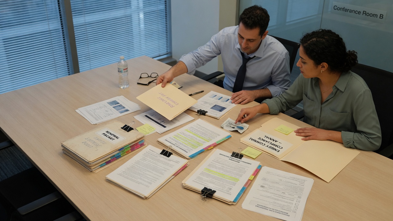 Two people comparing energy-compliance folders and insurance packets on a conference table