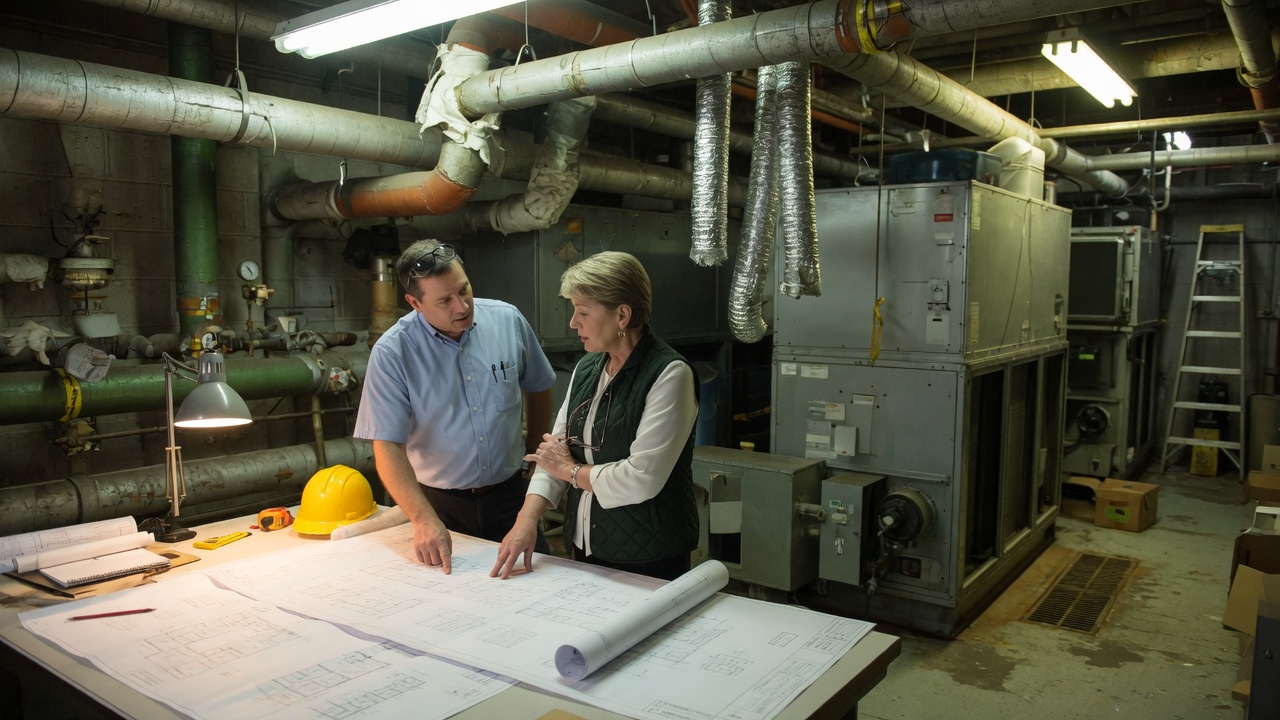 A building engineer and property owner reviewing mechanical drawings in a mechanical room