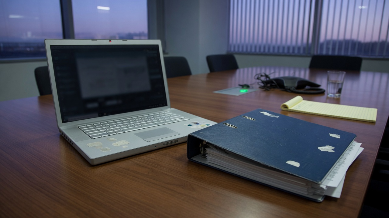 A laptop and unlabeled policy binder on a conference table