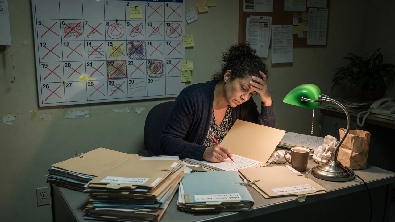 A property manager at a desk late at night with a wall calendar and stacked folders