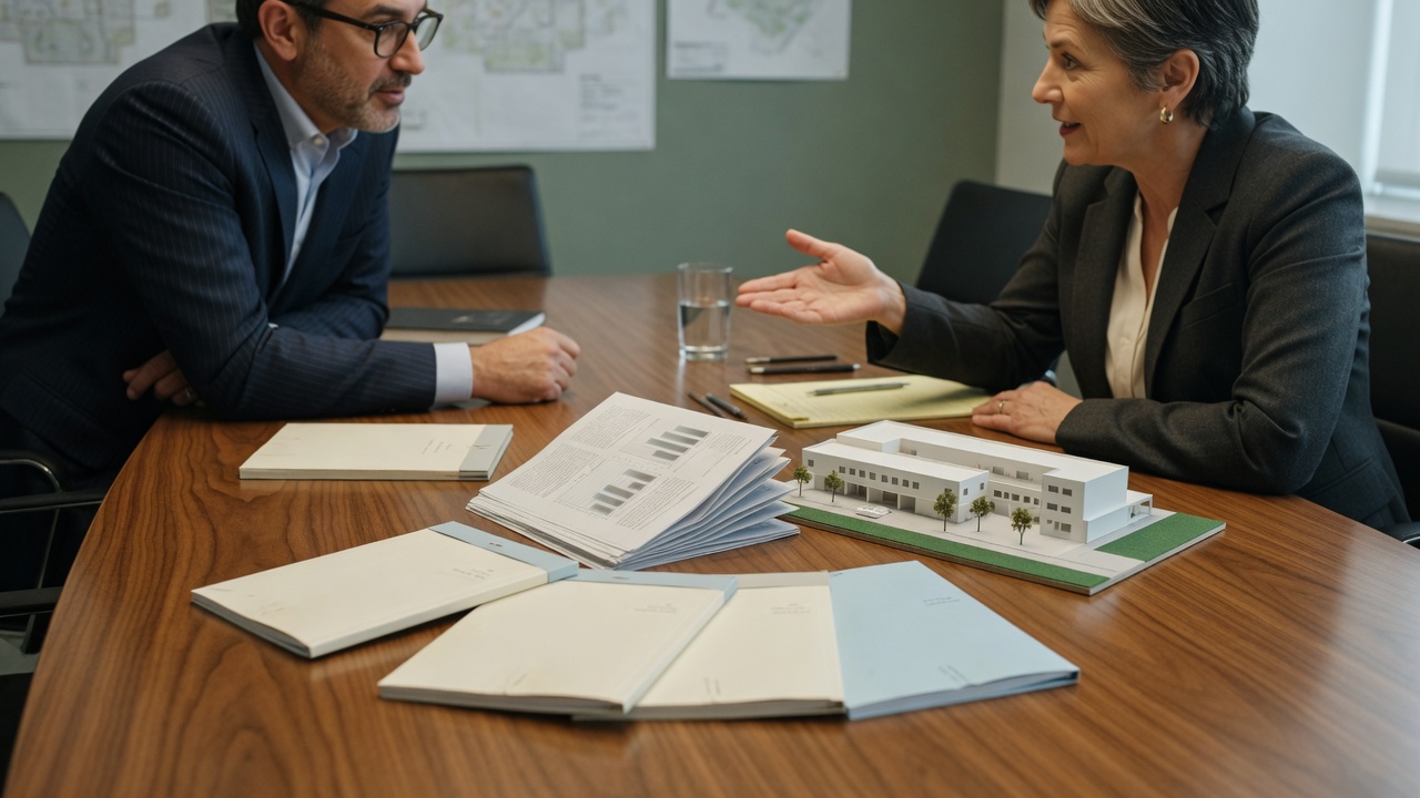 A capital-planning meeting with a small building model on a walnut table