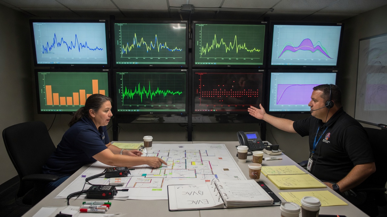 Building operations staff coordinating at a command table with floor plans and radios