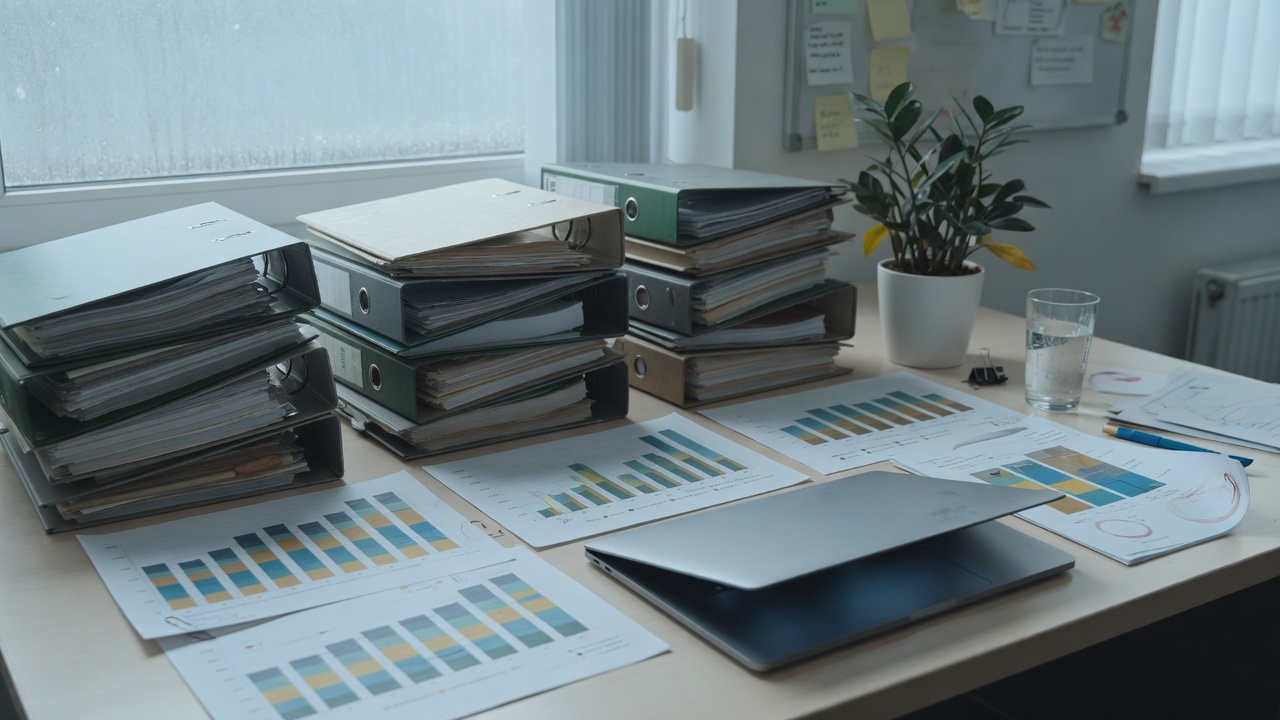 A sustainability reporting workspace with stacked binders and a closed laptop