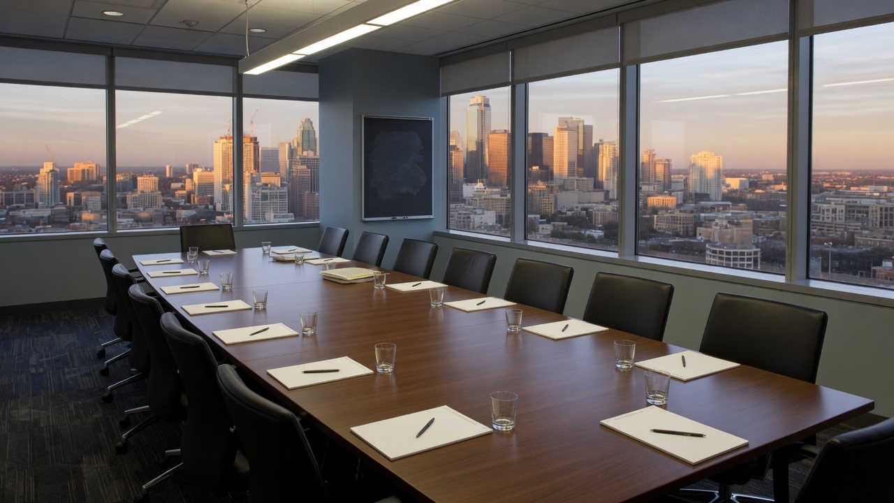 An empty corporate boardroom with a long table and city windows