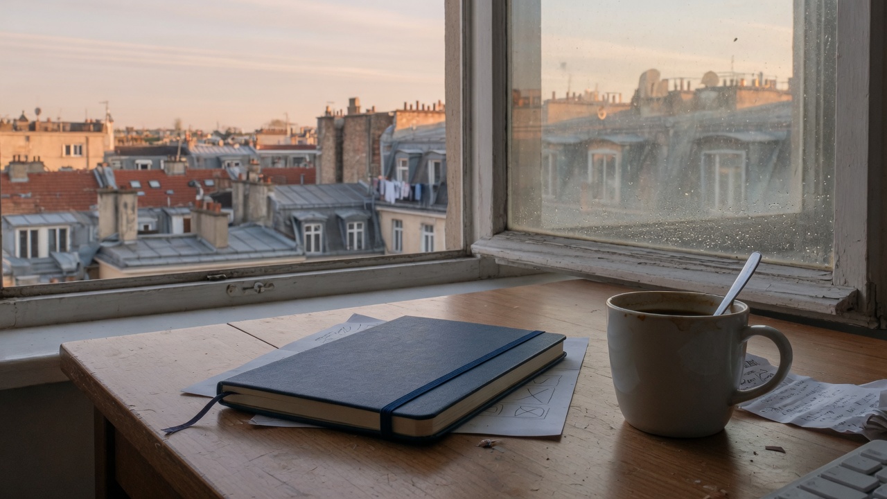 An analyst desk with a closed notebook and a morning view of city rooftops