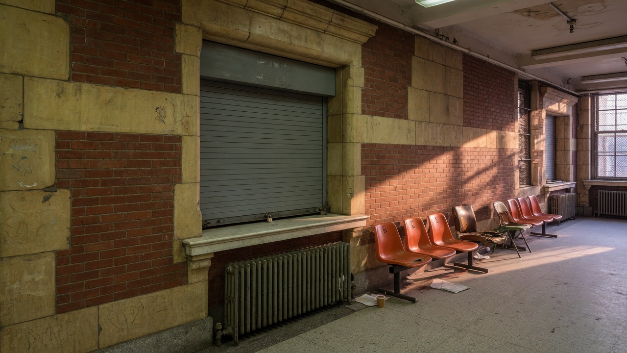 A New York municipal office corridor with brick and limestone in late afternoon light