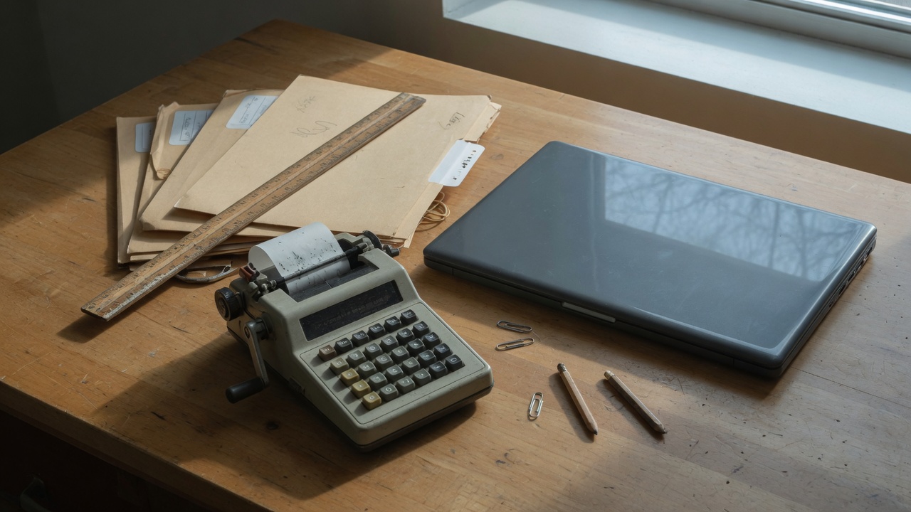 A wooden desk with an analog calculator, ruler, and manila folders in window light