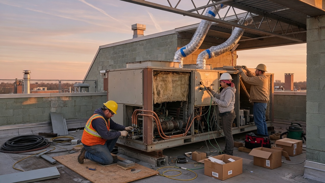 Workers around a rooftop air-handling unit during an existing-building HVAC retrofit