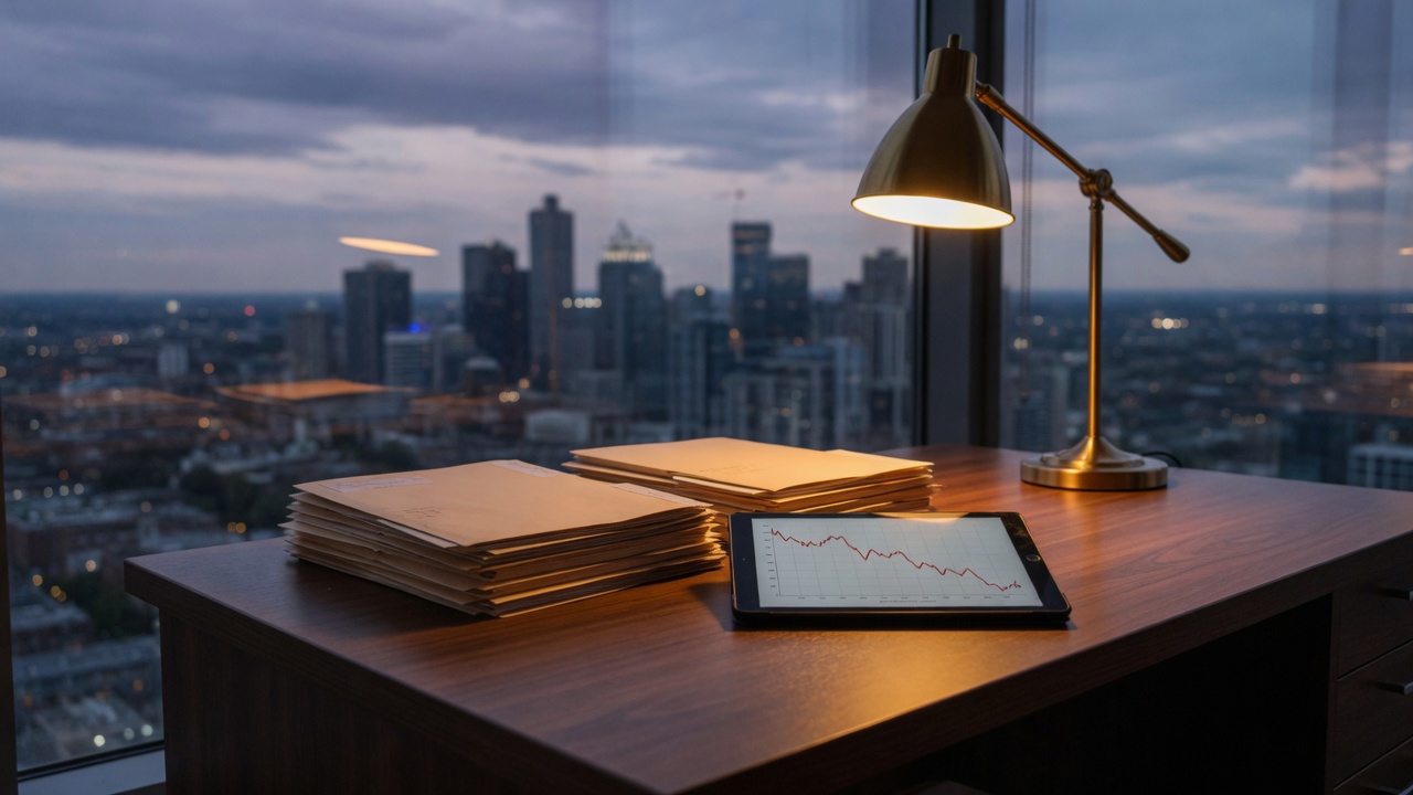 Evening office desk with unmarked files and a tablet chart, city skyline beyond the window